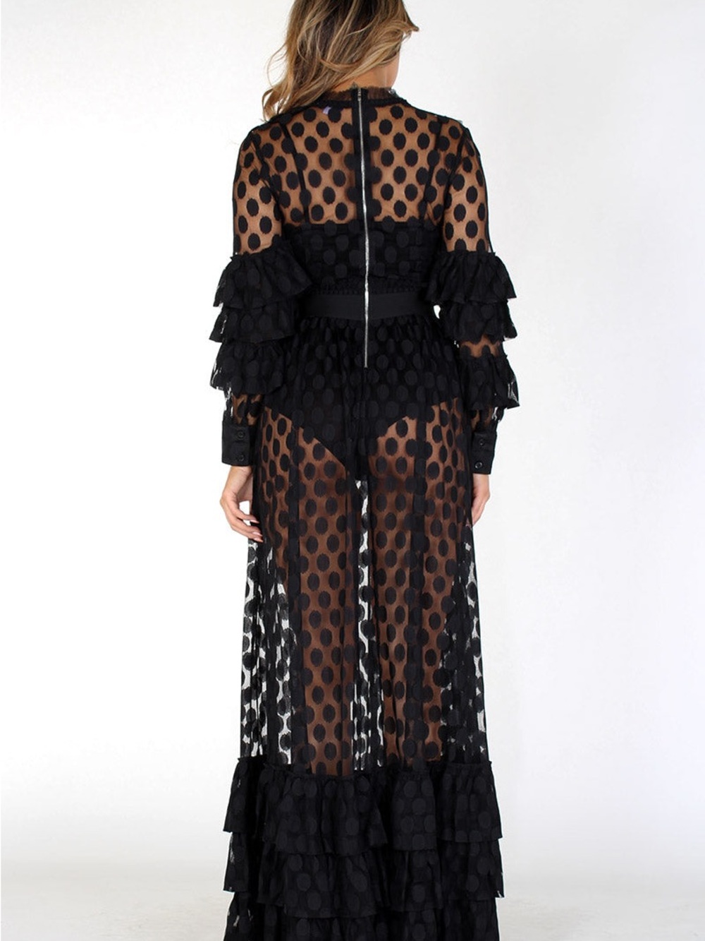 Eien black sheer polka dot maxi dress with ruffled long sleeves, size medium - Picture 2 of 7